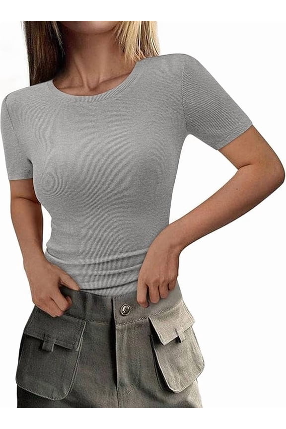 Women Summer Crew Neck Short Sleeve Tops Ribbed Knit Slim Fit Fashion Basic Tee Shirts Casual Going Out Top
