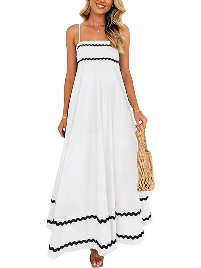 Prettygarden Women Summer Flowy Maxi Dress Casual Sleeveless Spaghetti Strap Ruffle Beach Long Dresses, Women's, Size: Small, White