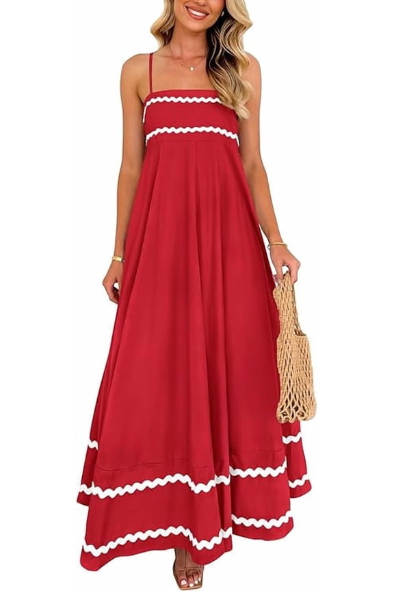 Women Summer Flowy Maxi Dress Casual Sleeveless Spaghetti Strap Ruffle Beach Long Dresses