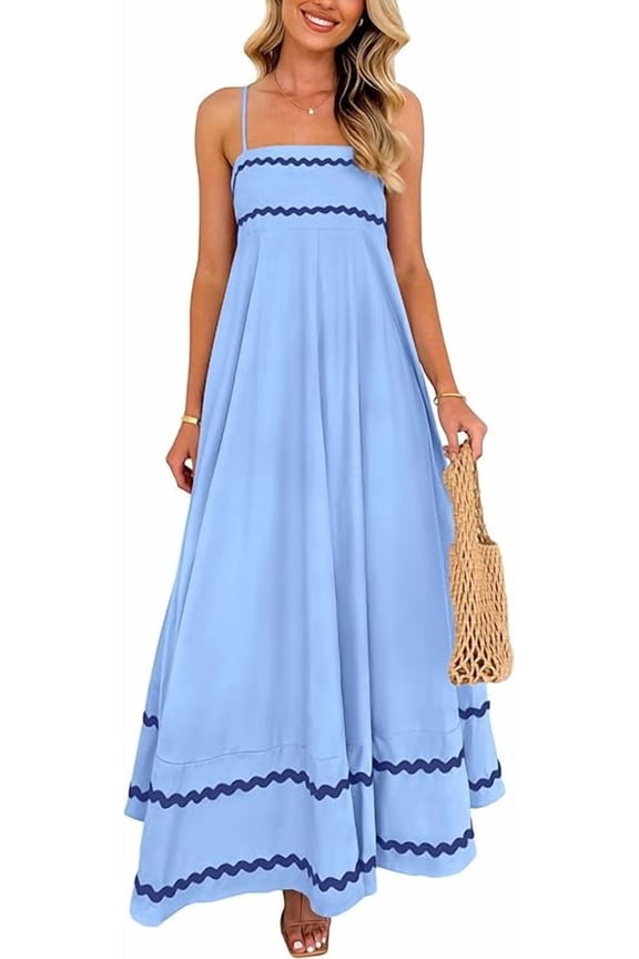 Women Summer Flowy Maxi Dress Casual Sleeveless Spaghetti Strap Ruffle Beach Long Dresses
