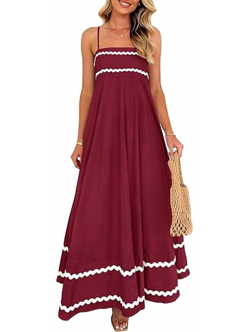 Prettygarden Women Summer Flowy Maxi Dress Casual Sleeveless Spaghetti Strap Ruffle Beach Long Dresses, Women's, Size: XL, Red