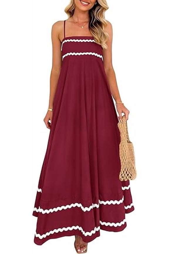 Women Summer Flowy Maxi Dress Casual Sleeveless Spaghetti Strap Ruffle Beach Long Dresses