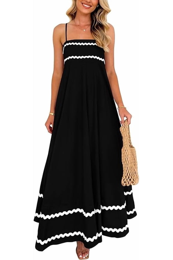 Women Summer Flowy Maxi Dress Casual Sleeveless Spaghetti Strap Ruffle Beach Long Dresses