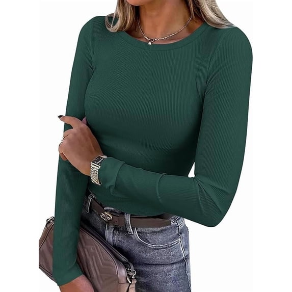 PRETTYGARDEN Women Summer Long Sleeve Shirts Ribbed Knit Crewneck Fitted Basic Tee Going Out Tops Casual Workout Outfits
