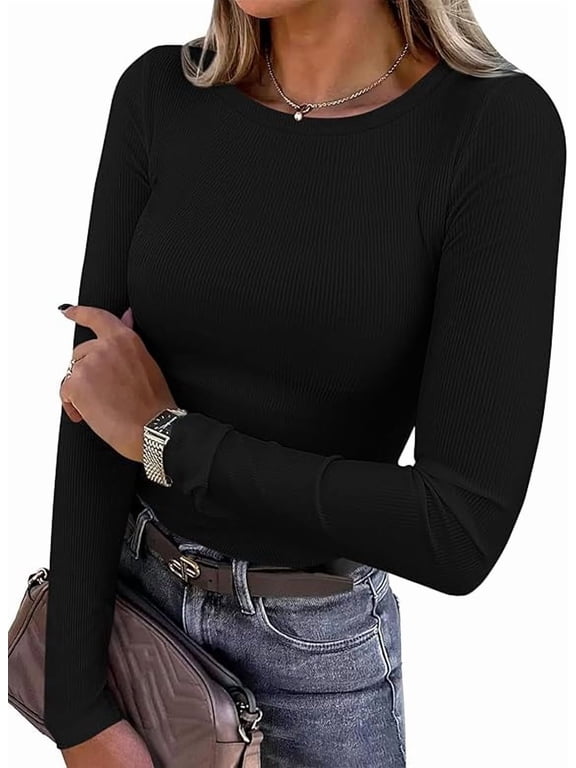 Women Summer Long Sleeve Shirts Ribbed Knit Crewneck Fitted Basic Tee Going Out Tops Casual Workout Outfits