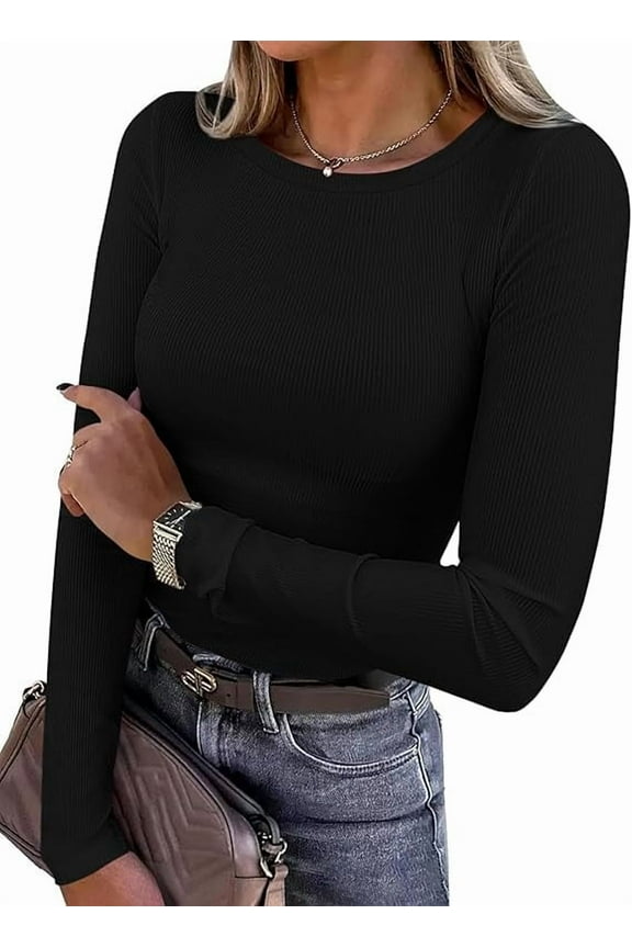 Women Summer Long Sleeve Shirts Ribbed Knit Crewneck Fitted Basic Tee Going Out Tops Casual Workout Outfits