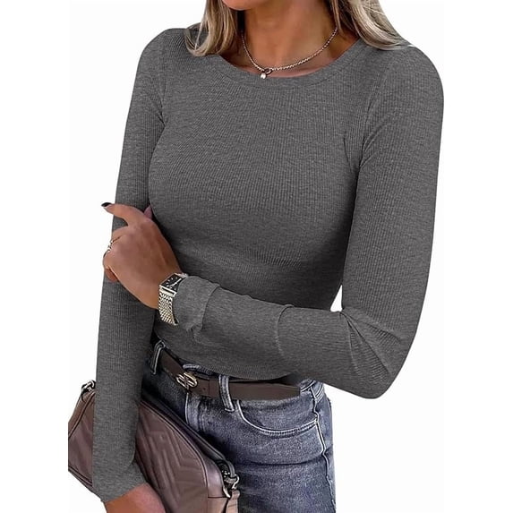 PRETTYGARDEN Women Summer Long Sleeve Shirts Ribbed Knit Crewneck Fitted Basic Tee Going Out Tops Casual Workout Outfits