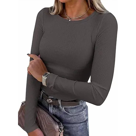 PRETTYGARDEN Women Summer Long Sleeve Shirts Ribbed Knit Crewneck Fitted Basic Tee Going Out Tops Casual Workout Outfits