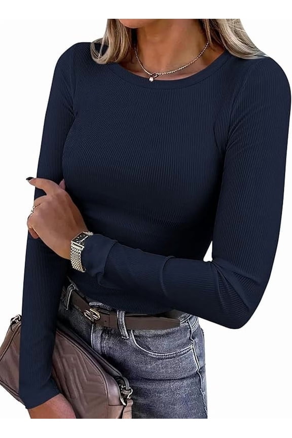 Women Summer Long Sleeve Shirts Ribbed Knit Crewneck Fitted Basic Tee Going Out Tops Casual Workout Outfits