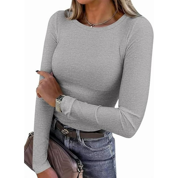 PRETTYGARDEN Women Summer Long Sleeve Shirts Ribbed Knit Crewneck Fitted Basic Tee Going Out Tops Casual Workout Outfits