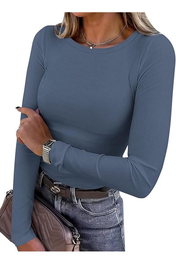 Women Summer Long Sleeve Shirts Ribbed Knit Crewneck Fitted Basic Tee Going Out Tops Casual Workout Outfits