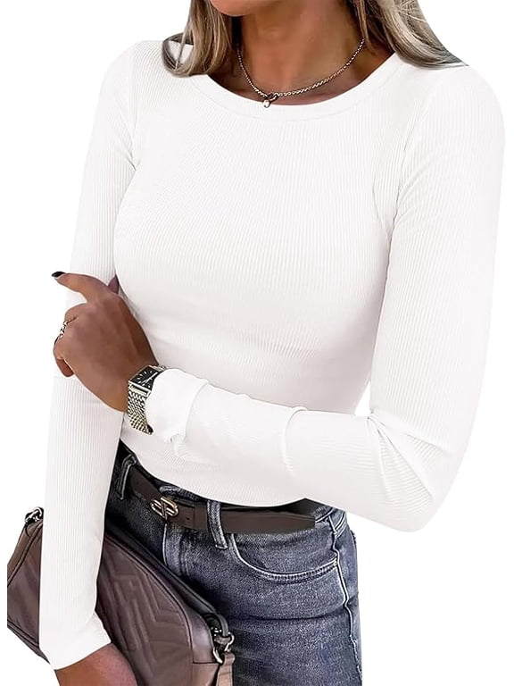 Women Long Sleeve Shirts Ribbed Knit Crewneck Fitted Basic Tee Going Out Tops Casual Workout Outfits