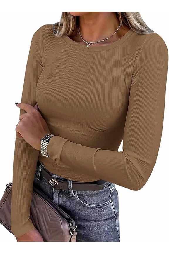 Women Summer Long Sleeve Shirts Ribbed Knit Crewneck Fitted Basic Tee Going Out Tops Casual Workout Outfits