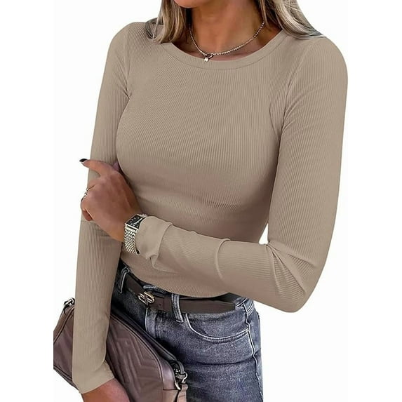 PRETTYGARDEN Women Summer Long Sleeve Shirts Ribbed Knit Crewneck Fitted Basic Tee Going Out Tops Casual Workout Outfits