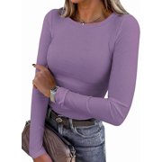 Women Summer Long Sleeve Shirts Ribbed Knit Crewneck Fitted Basic Tee Going Out Tops Casual Workout Outfits
