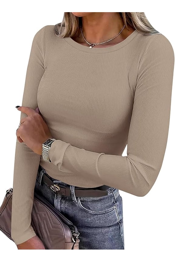Women Summer Long Sleeve Shirts Ribbed Knit Crewneck Fitted Basic Tee Going Out Tops Casual Workout Outfits