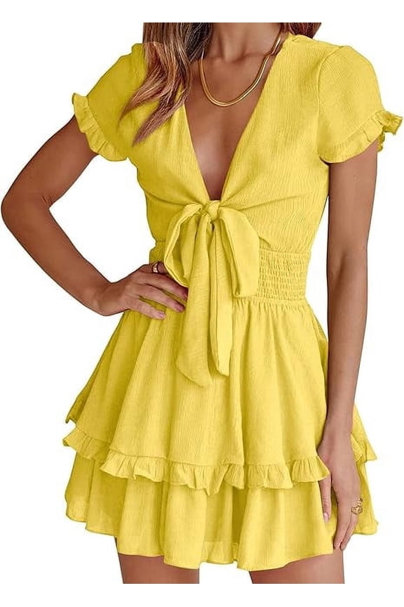 Women Summer Short Dress V Neck Short Sleeve Tiered Mini Sun Dresses Casual Beach Vacation Sundress