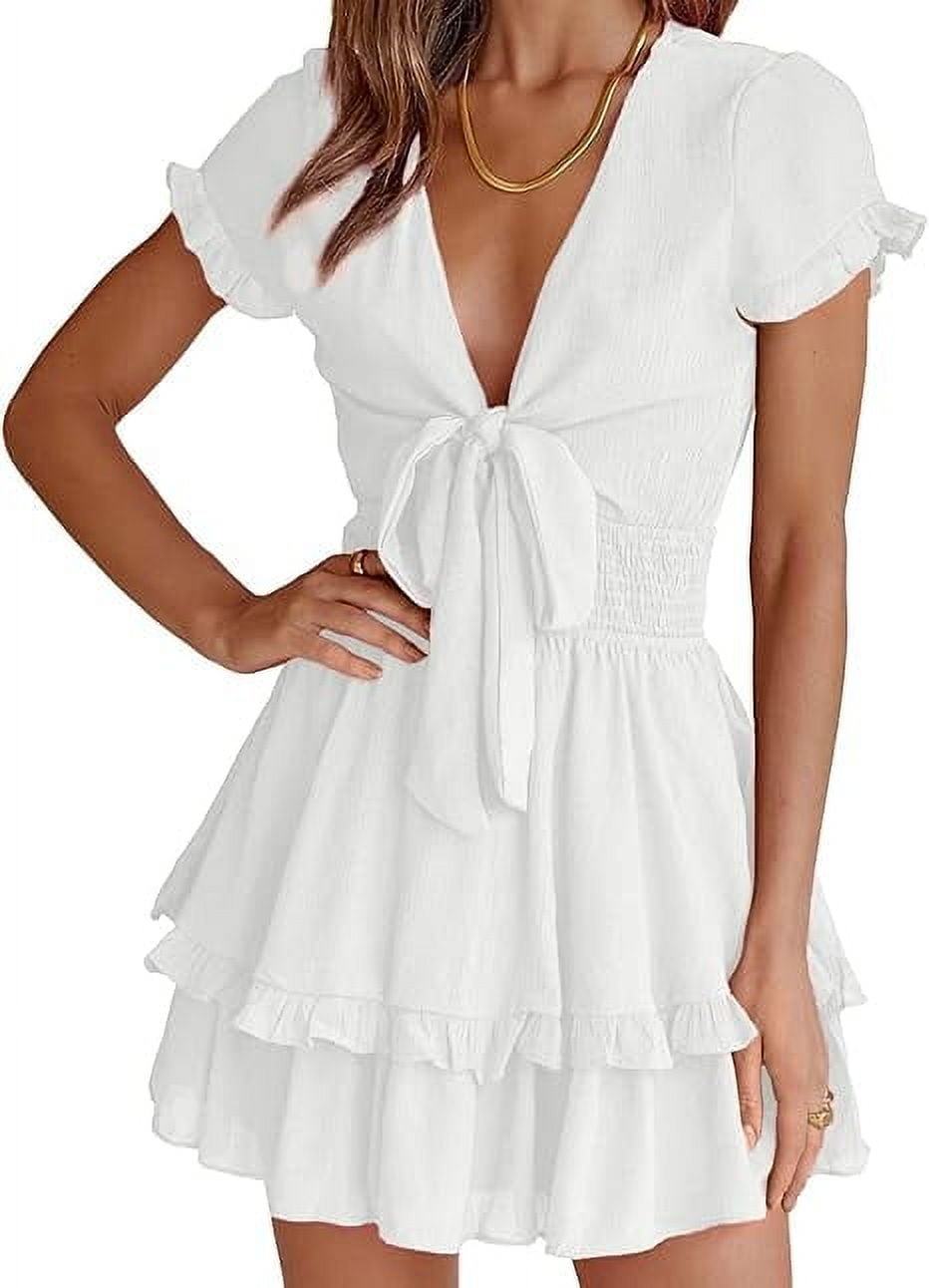 PRETTYGARDEN Women Summer Short Dress V Neck Short Sleeve Tiered Mini ...