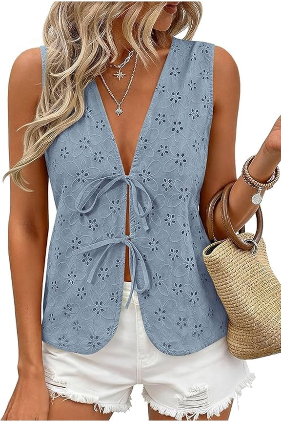 Women Summer Tie Front Eyelet Tank Tops Trendy Floral Vest Sleeveless V Neck Dressy Blouse Vacation Outfits