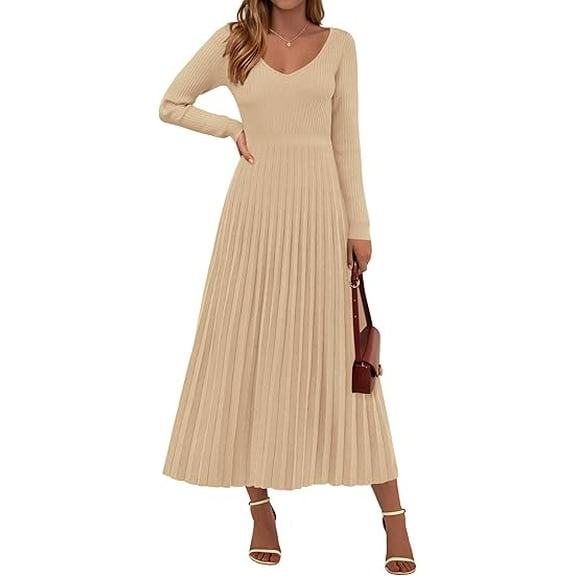 PRETTYGARDEN Women Sweater Dress Fall Fashion Long Sleeve V Neck Ribbed Knit Pleated A Line Elegant Maxi Winter Dresses
