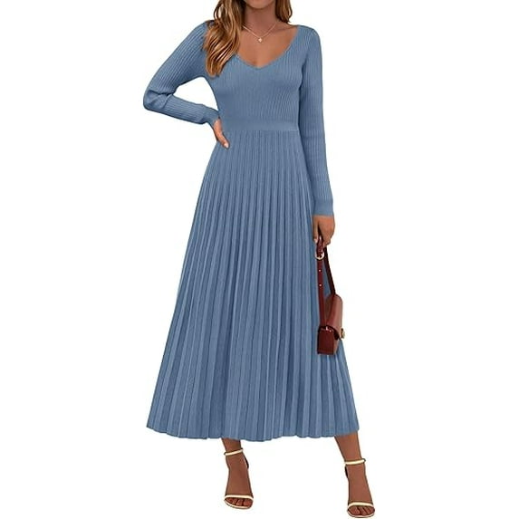 PRETTYGARDEN Women Sweater Dress Fall Fashion Long Sleeve V Neck Ribbed Knit Pleated A Line Elegant Maxi Winter Dresses