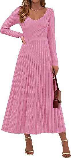 Prettygarden Women Sweater Dress Fall Fashion Long Sleeve V Neck Ribbed Knit Pleated A Line Elegant Maxi Winter Dresses, Women's, Size: XL, Pink Prettygarden Women Sweater Dress Fall Fashion Long Sleeve V Neck Ribbed Knit Pleated A Line Elegant Maxi Winter Dresses, Women's, Size: XL, Pink