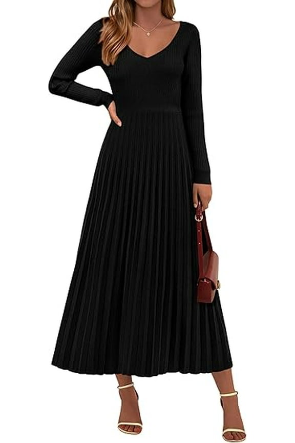 Women Sweater Dress Fall Fashion Long Sleeve V Neck Ribbed Knit Pleated A Line Elegant Maxi Winter Dresses