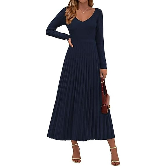 PRETTYGARDEN Women Sweater Dress Fall Fashion Long Sleeve V Neck Ribbed Knit Pleated A Line Elegant Maxi Winter Dresses