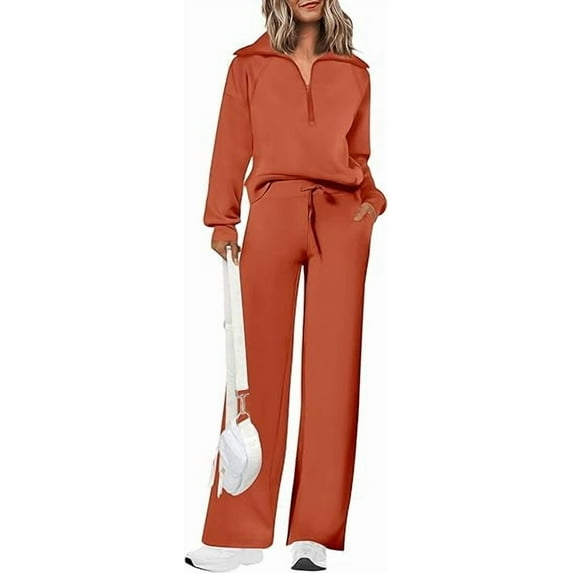 PRETTYGARDEN Women's 2 Piece Outfits Casual Lapel Half Zip Sweatshirts And Wide Leg Pants Tracksuit Sets
