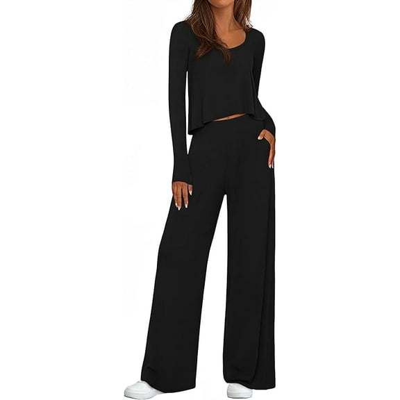 PRETTYGARDEN Women's 2 Piece Fall Sets Casual Long Sleeve Shirts Wide Leg Pants Lounge Travel Outfits Fashion Clothing