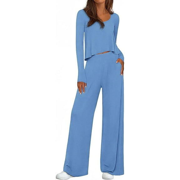 PRETTYGARDEN Women's 2 Piece Fall Sets Casual Long Sleeve Shirts Wide Leg Pants Lounge Travel Outfits Fashion Clothing