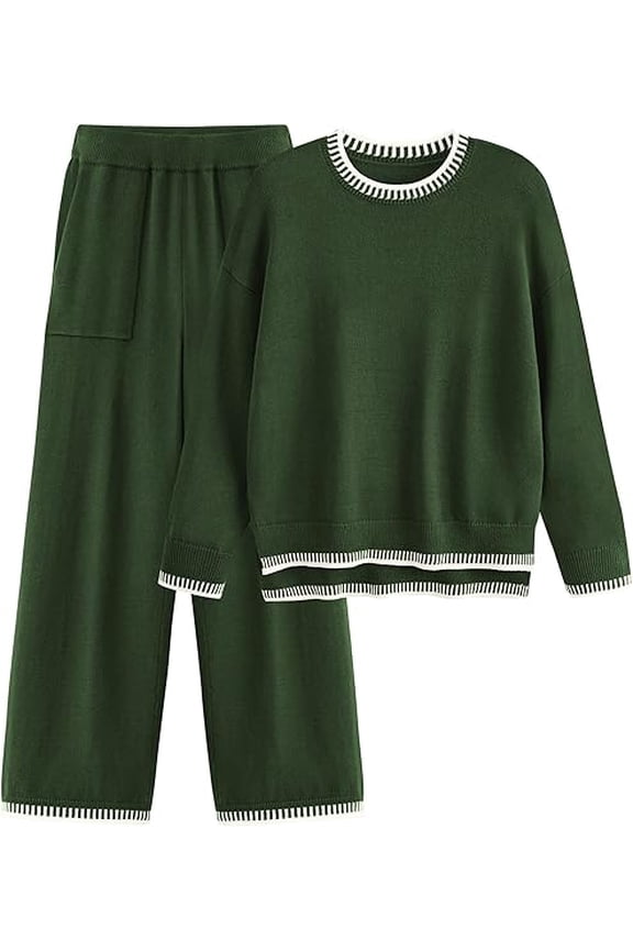 Women's 2 Piece Knit Sweater Outfit Casual Long Sleeve Pullover Wide Leg Pants Tracksuit Loungewear Set