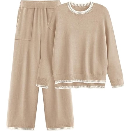 PRETTYGARDEN Women's 2 Piece Knit Sweater Outfit Casual Long Sleeve Pullover Wide Leg Pants Tracksuit Loungewear Set