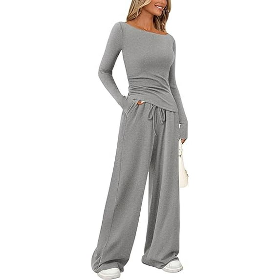 PRETTYGARDEN Women's 2 Piece Lounge Sets Asymmetrical Long Sleeve T Shirt Wide Leg Pants Casual Outfits Tracksuit