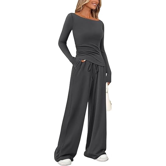 PRETTYGARDEN Women's 2 Piece Lounge Sets Asymmetrical Long Sleeve T Shirt Wide Leg Pants Casual Outfits Tracksuit
