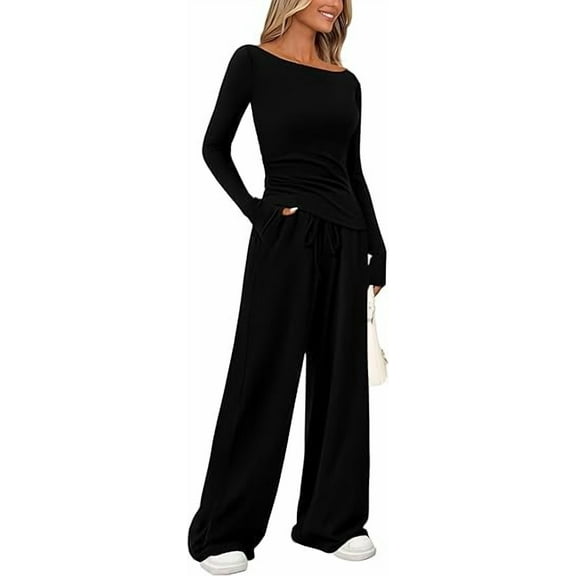 PRETTYGARDEN Women's 2 Piece Lounge Sets Asymmetrical Long Sleeve T Shirt Wide Leg Pants Casual Outfits Tracksuit