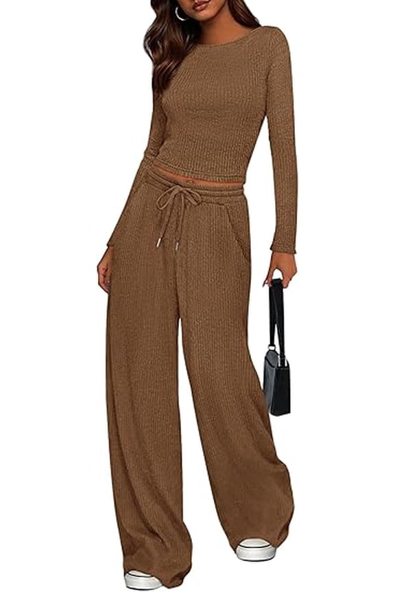 Women's 2 Piece Lounge Sets Fall Fashion Long Sleeve Crop Top Wide Leg Pants Matching Sets Clothing