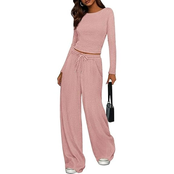 PRETTYGARDEN Women's 2 Piece Lounge Sets Fall Fashion Long Sleeve Crop Top Wide Leg Pants Matching Sets Clothing