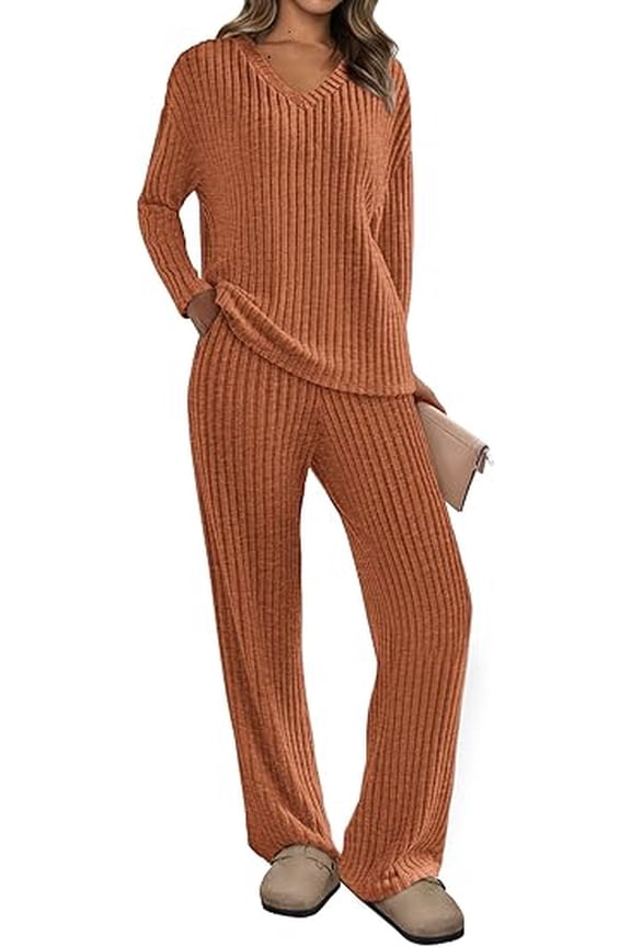 Women's 2 Piece Lounge Sets Ribbed Knit Long Sleeve V Neck Pullover Tops Wide Leg Pants Spring Fall Outfits