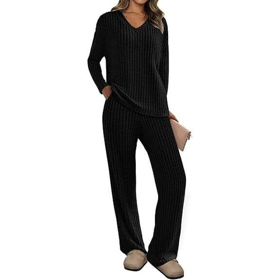 PRETTYGARDEN Women's 2 Piece Lounge Sets Ribbed Knit Long Sleeve V Neck Pullover Tops Wide Leg Pants Spring Fall Outfits