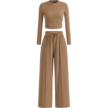 PRETTYGARDEN Women's 2 Piece Loungewear Long Sleeve Crop Top Wide Leg Palazzo Pants Set Tracksuits Casual Outfit