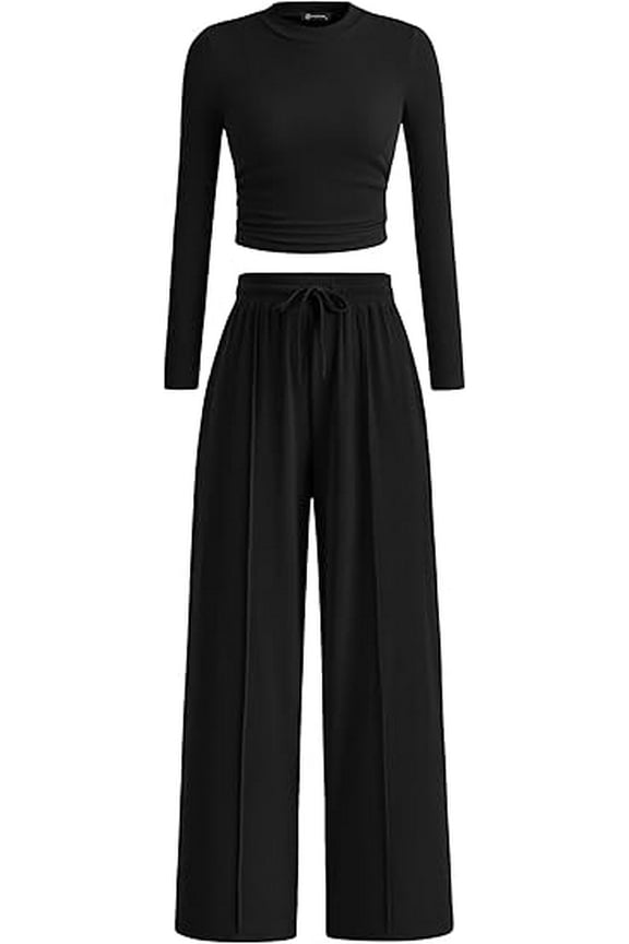 Women's 2 Piece Loungewear Long Sleeve Crop Top Wide Leg Palazzo Pants Set Tracksuits Casual Outfit