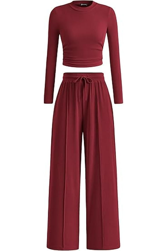 Women's 2 Piece Loungewear Long Sleeve Crop Top Wide Leg Palazzo Pants Set Tracksuits Casual Outfit