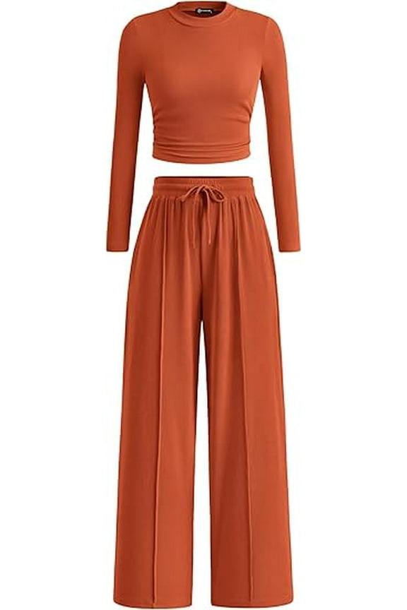 Women's 2 Piece Loungewear Long Sleeve Crop Top Wide Leg Palazzo Pants Set Tracksuits Casual Outfit