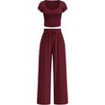 thumbnail image 1 of PRETTYGARDEN Women's 2 Piece Matching Lounge Sets Ribbed Short Sleeve Crop Tops Wide Leg Pants Summer Airport Outfits, 1 of 10