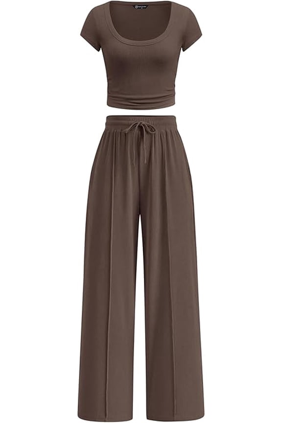 Women's 2 Piece Matching Lounge Sets Ribbed Short Sleeve Crop Tops Wide Leg Pants Summer Airport Outfits