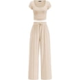 thumbnail image 1 of PRETTYGARDEN Women's 2 Piece Matching Lounge Sets Ribbed Short Sleeve Crop Tops Wide Leg Pants Summer Airport Outfits, 1 of 10