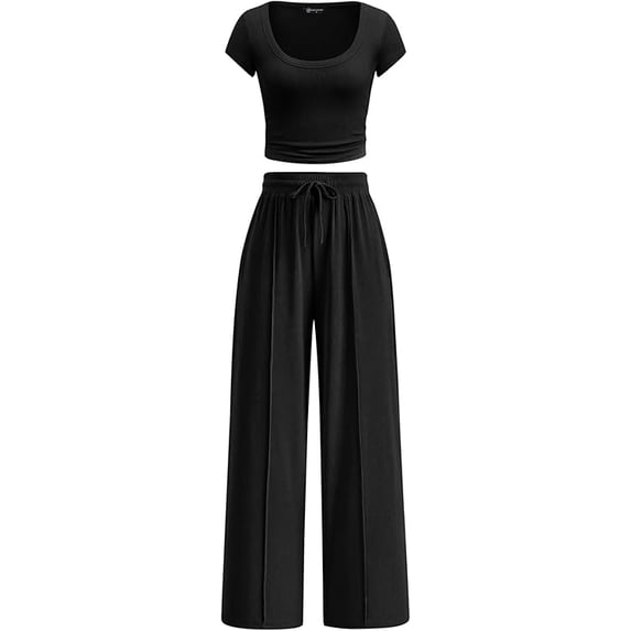 PRETTYGARDEN Women's 2 Piece Matching Lounge Sets Ribbed Short Sleeve Crop Tops Wide Leg Pants Summer Airport Outfits