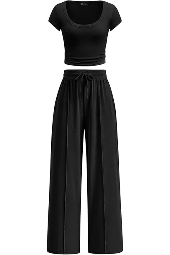 Women's 2 Piece Matching Lounge Sets Ribbed Short Sleeve Crop Tops Wide Leg Pants Summer Airport Outfits