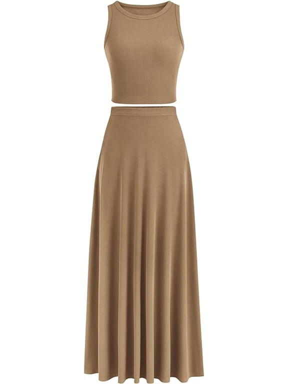 Women's 2 Piece Maxi Skirt Sets Casual Summer Knit Cropped Tank Top High Waisted Long Skirts Outfit